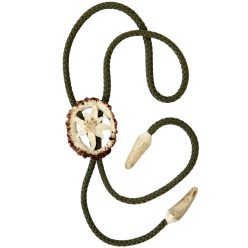   Cravata bolo sculptata in corn de cerb carpatin motiv floare de colt, alba